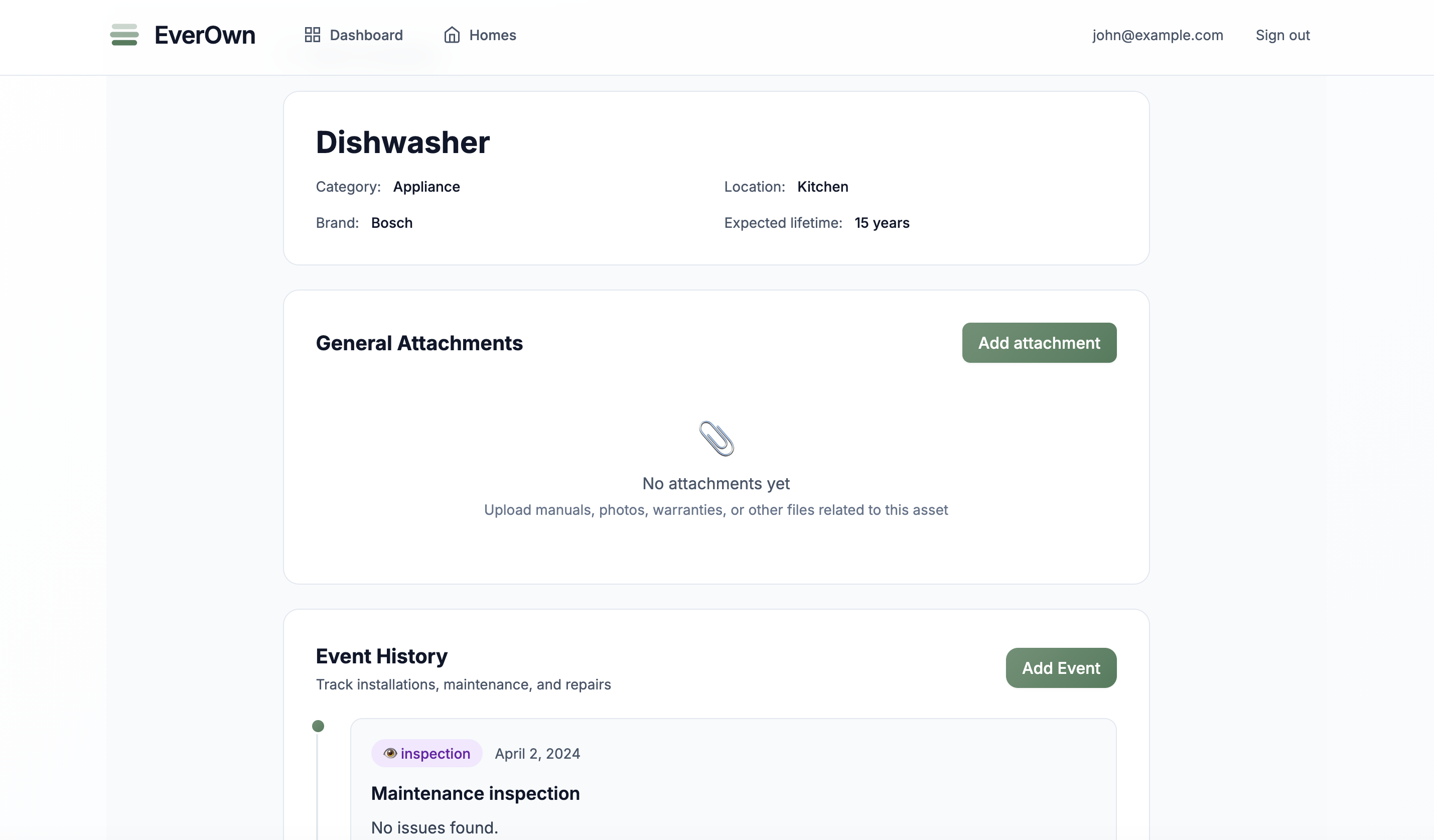 Bezittingdetail met tijdlijn en gekoppelde documenten